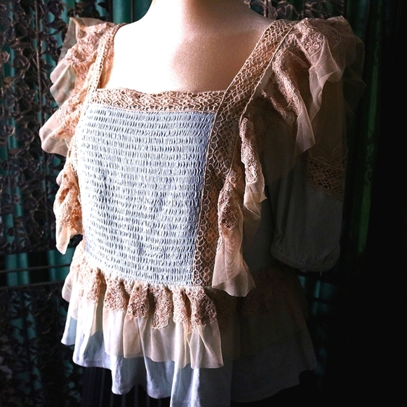 Anthropologie Ruffled Lace Mesh Layered Peplum Short Sleeve Top, Small, Lilac - Picture 3 of 10